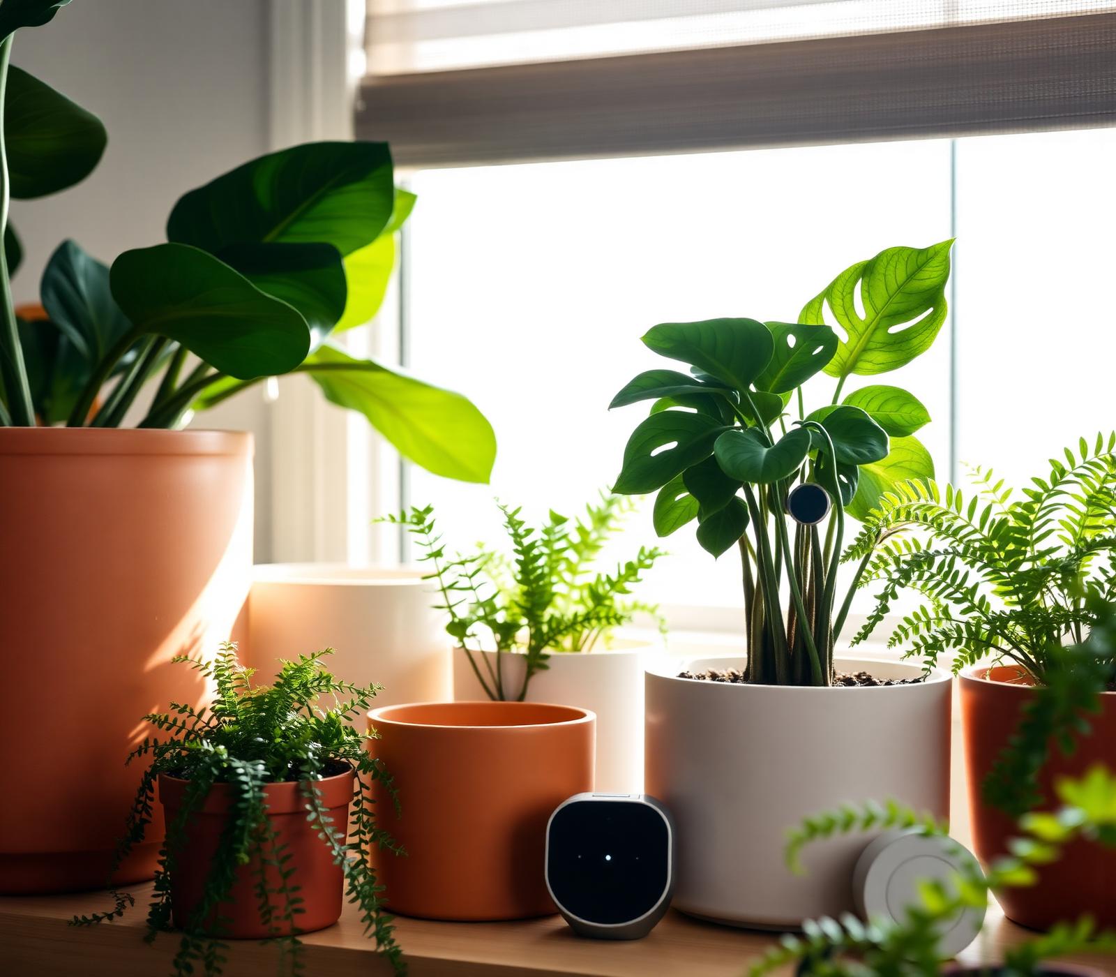 Sunlit windowsill of houseplants alongside a small smart sensor